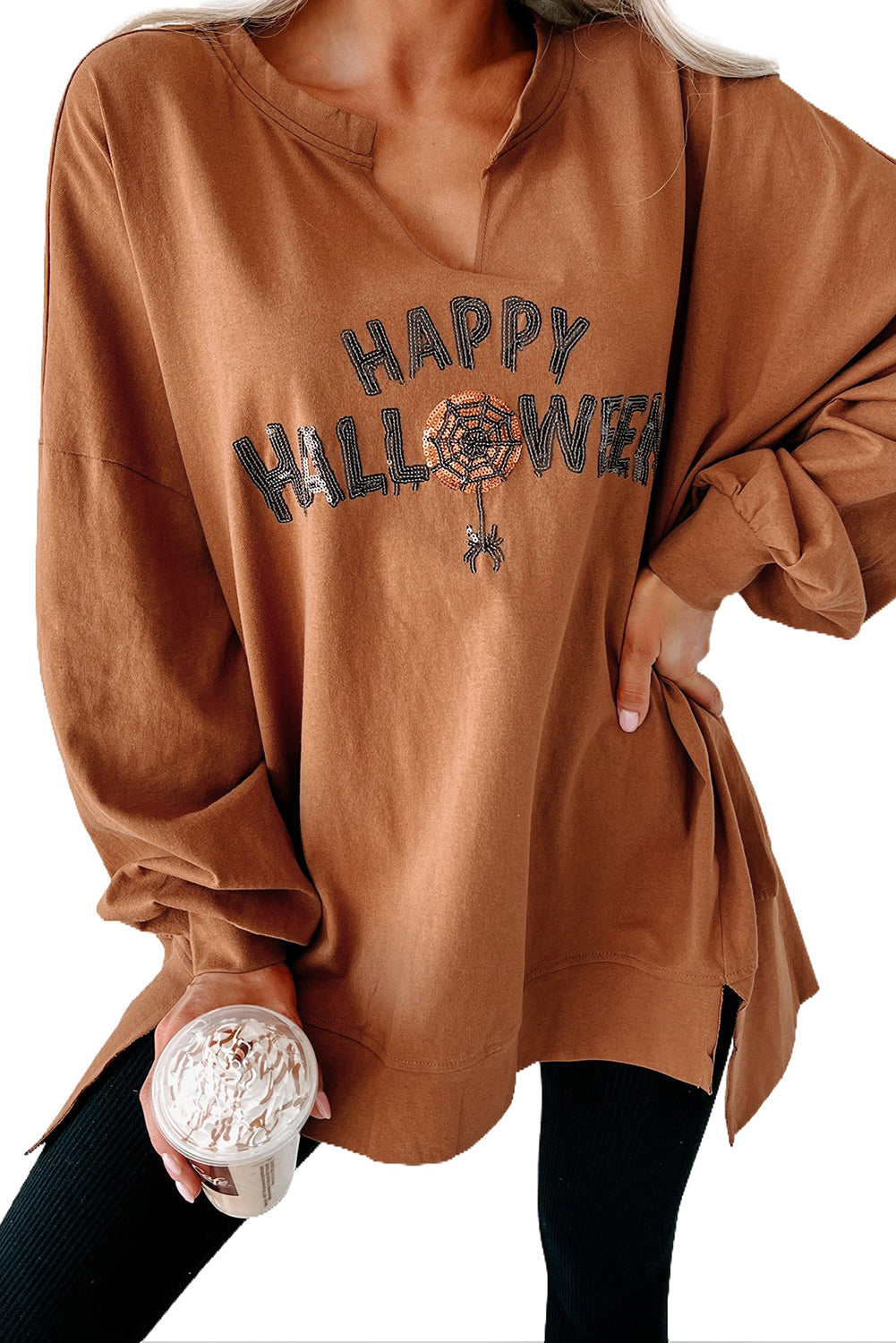 Medium Grey Sequin Happy Halloween Graphic Notched Neck Long Sleeve Loose Top