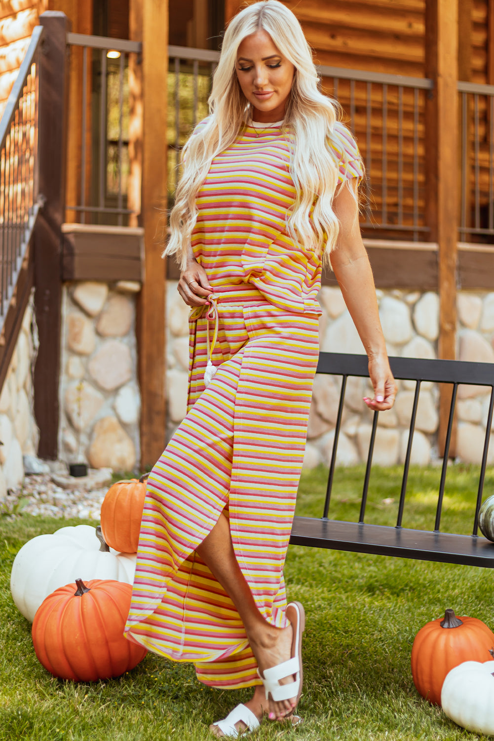 Black Stripe Rainbow Tee Tasseled String Wide Leg Pants Set