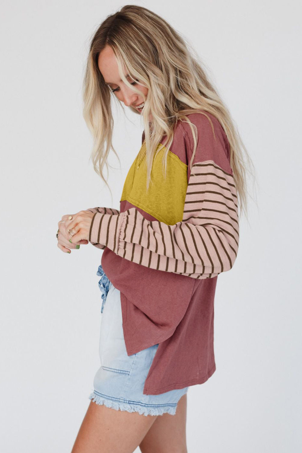 Light French Beige Colorblock Striped Bishop Sleeve Top
