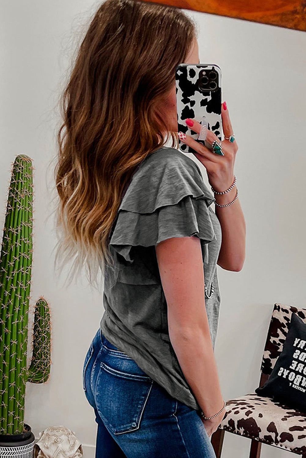 Black Layered Ruffle Short Sleeve Round Neck Top