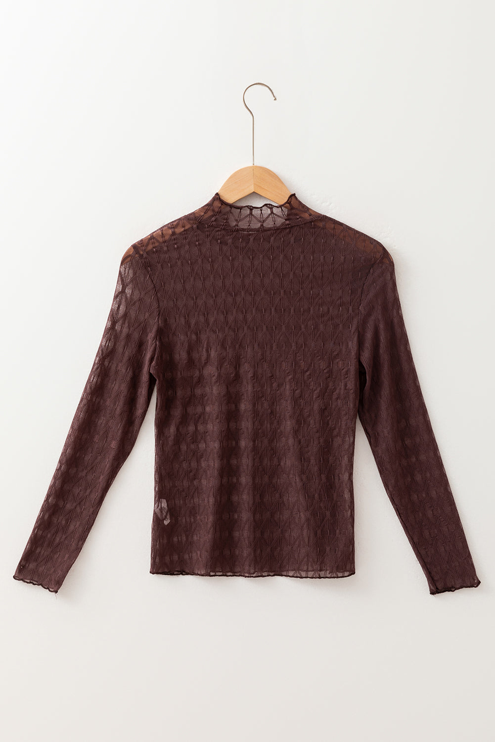 Coffee Sheer Mesh Patterned Lettuce Trim Slim Long Sleeve Top