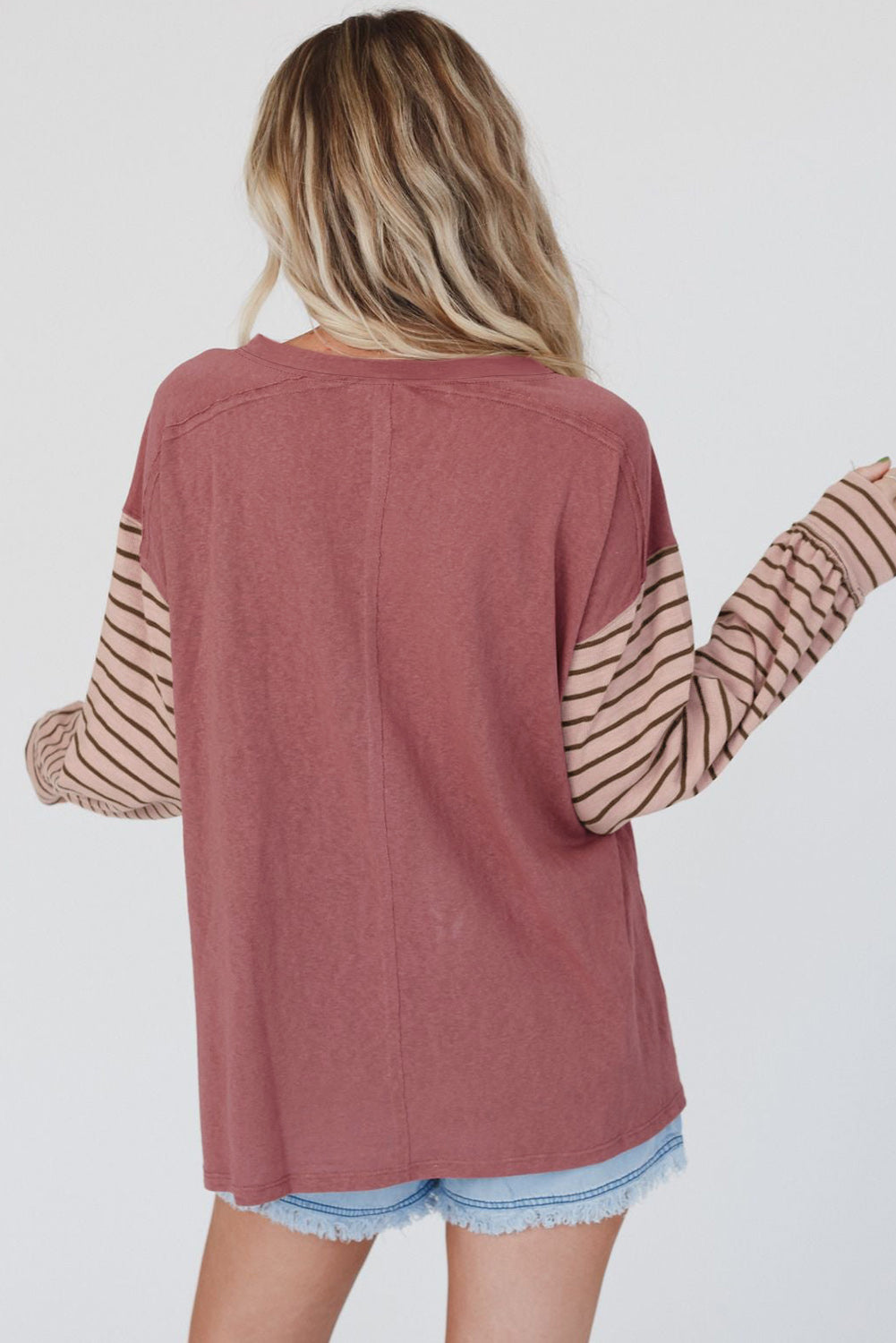 Light French Beige Colorblock Striped Bishop Sleeve Top