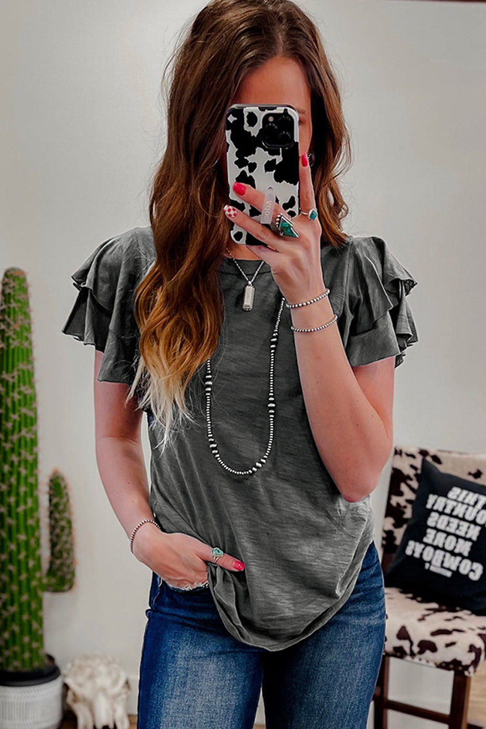 Black Layered Ruffle Short Sleeve Round Neck Top
