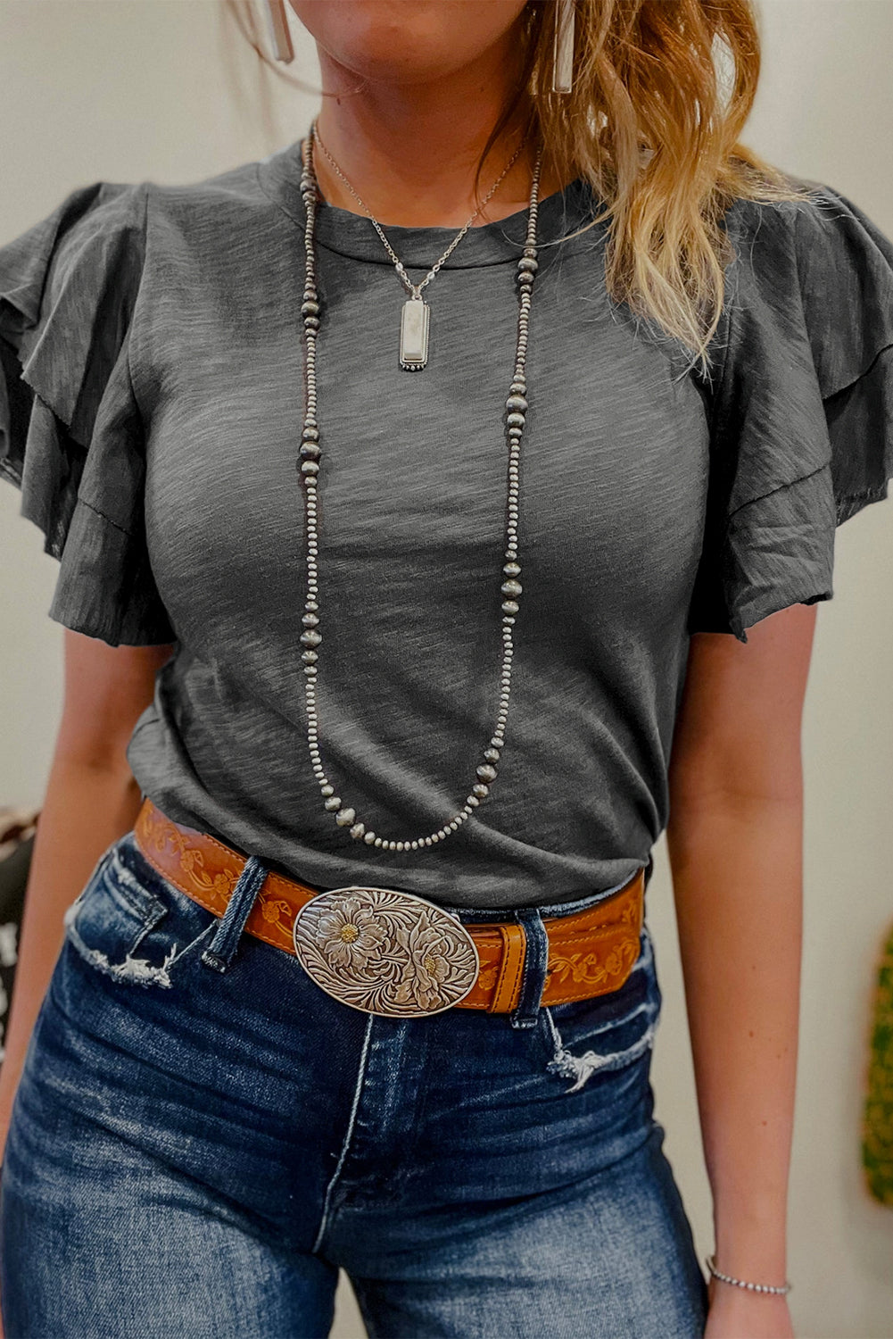 Black Layered Ruffle Short Sleeve Round Neck Top