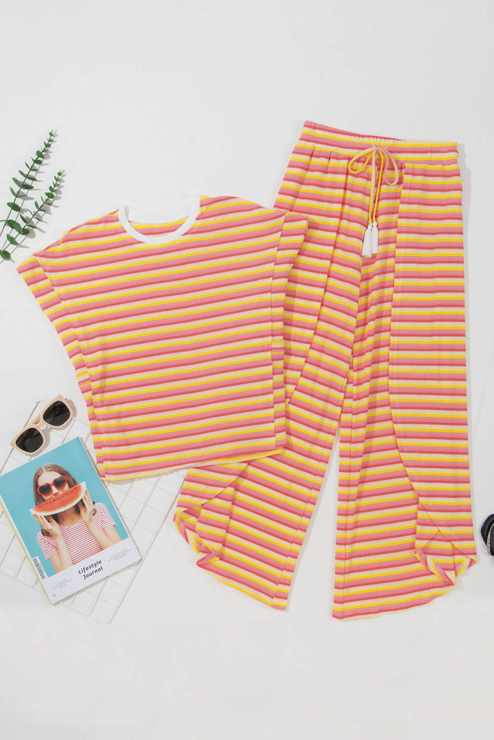Black Stripe Rainbow Tee Tasseled String Wide Leg Pants Set